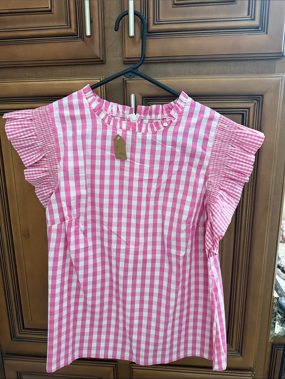 Pink Gingham Ruffle Sleeve Top